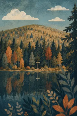 Quiet Lakeside Cross Reflection Among Evergreens