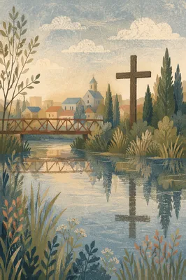 Wooden Cross Reflected in Quiet Riverside Water