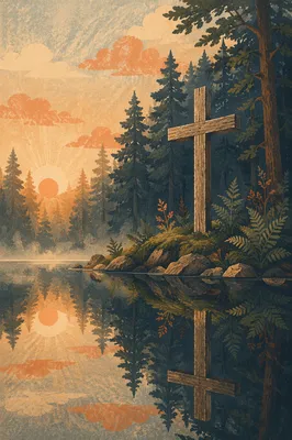 Wooden Cross Reflected in Evergreen Pond