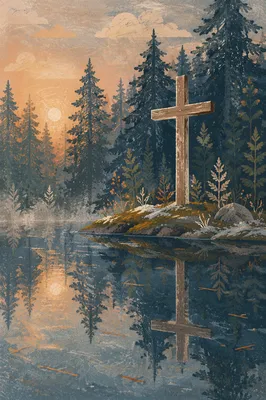 Weathered Cross Reflected in Evergreen Pond