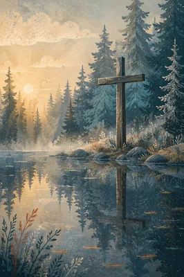 Winter Cross Reflection in Evergreen Forest