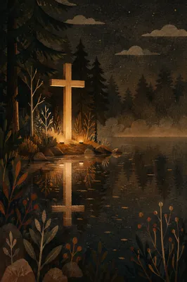 Wooden Cross Reflected in Still Night Water