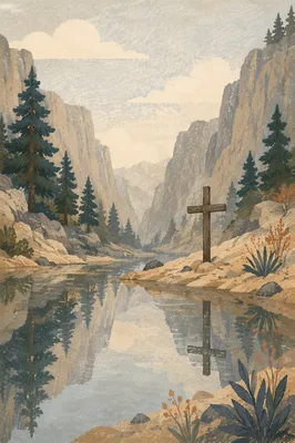 Wooden Cross Reflected in Quiet Canyon Water