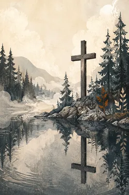 Evergreen Cross Reflected in Still Water