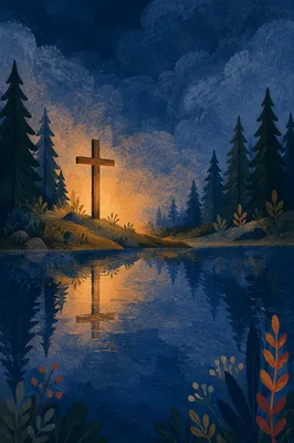 Wooden Cross Reflected in Evergreen Lake