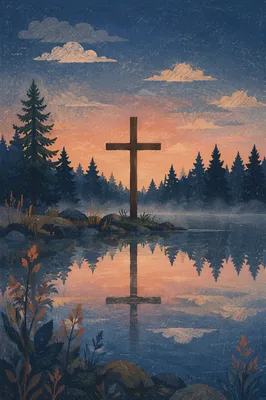Wooden Cross Reflected in Still Lake