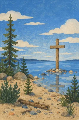 Wooden Cross Reflected in Peaceful Lakeshore Water
