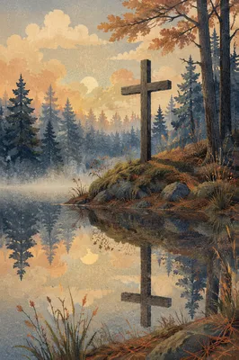 Weathered Cross Reflected in Alpine Pond