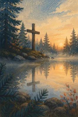 Wooden Cross Reflected in Evergreen Pond