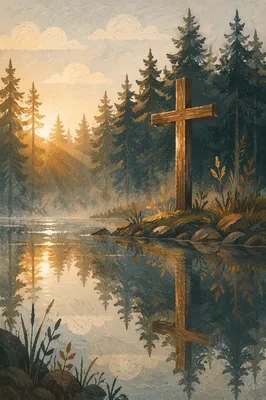 Wooden Cross Reflected in Evergreen Pond