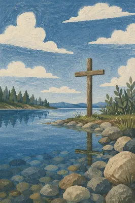 Wooden Cross Reflected on Quiet Evergreen Lake