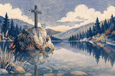 Weathered Cross Reflected in Mountain Lake