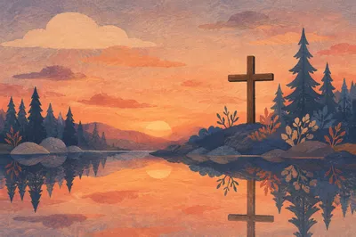 Silent Cross Reflected in Forest Lake