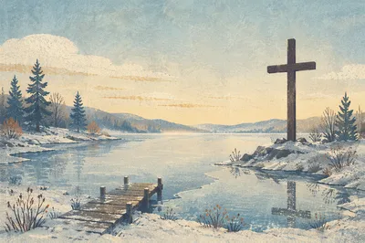 Winter Cross Reflected on Still Lake