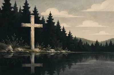 Wooden Cross Reflected in Evergreen Pond