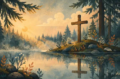 Wooden Cross Reflected in Evergreen Pond
