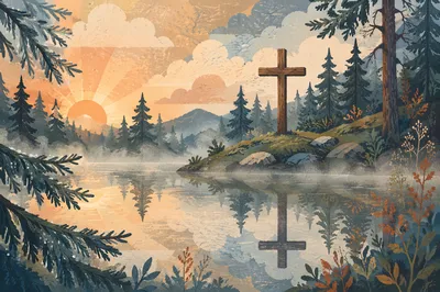 Wooden Cross Reflected in Evergreen Pond