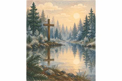 Wooden Cross Reflected in Evergreen Pond