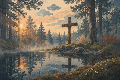 Wooden Cross Reflected in Evergreen Pond