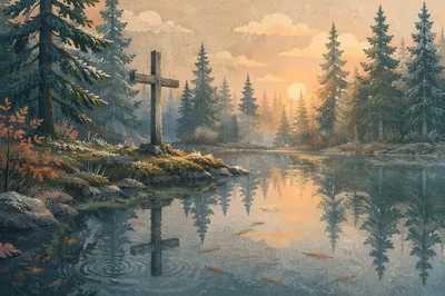 Weathered Cross Reflected in Evergreen Pond