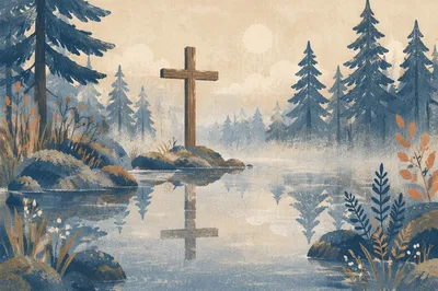 Wooden Cross Reflected in Evergreen Pond