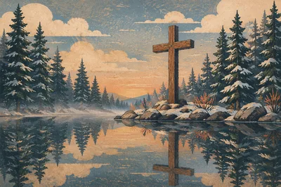 Wooden Cross Reflected in Winter Pond
