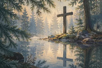Weathered Cross Reflected in Evergreen Pond