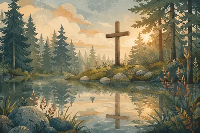 Wooden Cross Reflected in Evergreen Pond