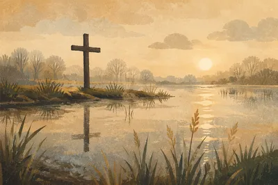 Wooden Cross Reflected in Dawn Wetland
