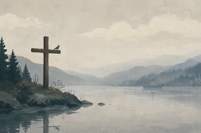 Weathered Cross Reflected in Misty Evergreen Lake