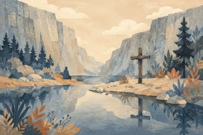 Wooden Cross Reflected in Canyon River