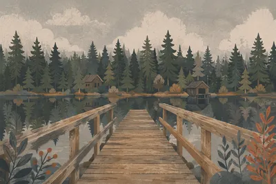Wooden Cross Reflected on Quiet Evergreen Lake