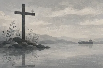 Cross Reflected on Still Coastal Water