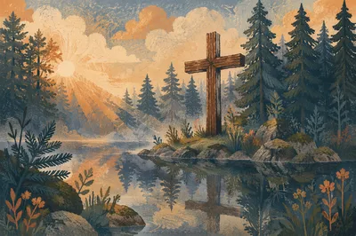 Wooden Cross Reflected in Evergreen Pond