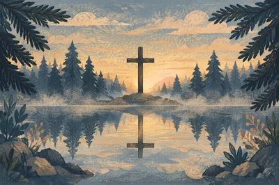 Wooden Cross Reflected in Evergreen Pond