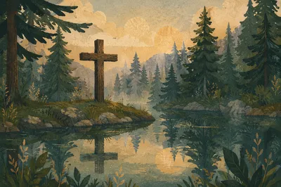 Wooden Cross Reflected in Evergreen Pond