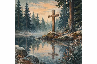 Wooden Cross Reflected in Evergreen Pond