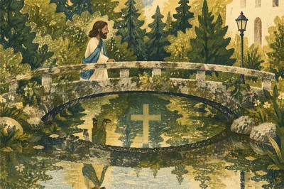 Wooden Cross Reflected in Evergreen River
