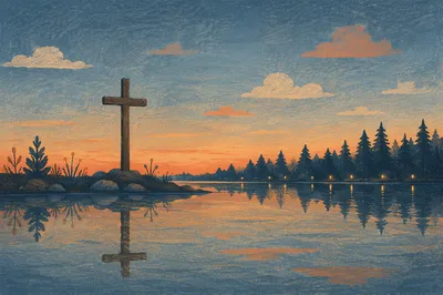 Wooden Cross Reflected on Evergreen Lake