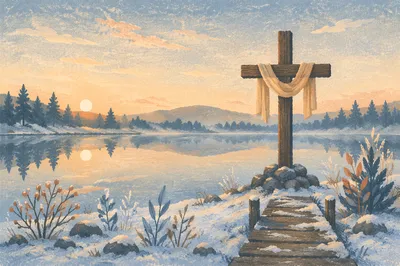 Cross Reflected on Winter Evergreen Lake