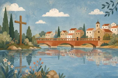 Wooden Cross Reflected by Evergreen River