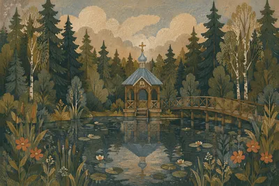 Cross Reflected in Evergreen Forest Pond