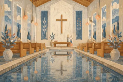 Reflected Wooden Cross in Modern Chapel