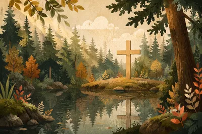 Wooden Cross Reflected in Evergreen Pond