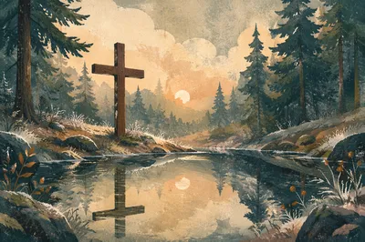 Wooden Cross Reflected in Evergreen Pond