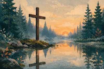 Wooden Cross Reflected in Evergreen Pond