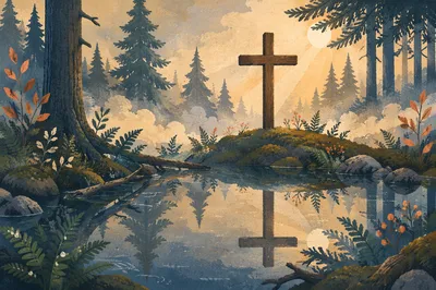 Wooden Cross Reflected in Evergreen Pond