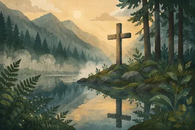 Wooden Cross Reflected in Evergreen Pond