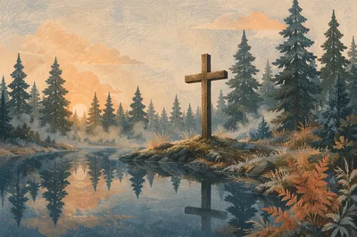 Wooden Cross Reflected in Evergreen Pond