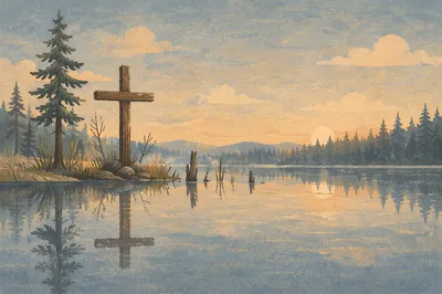 Weathered Cross Reflected on Evergreen Lake
